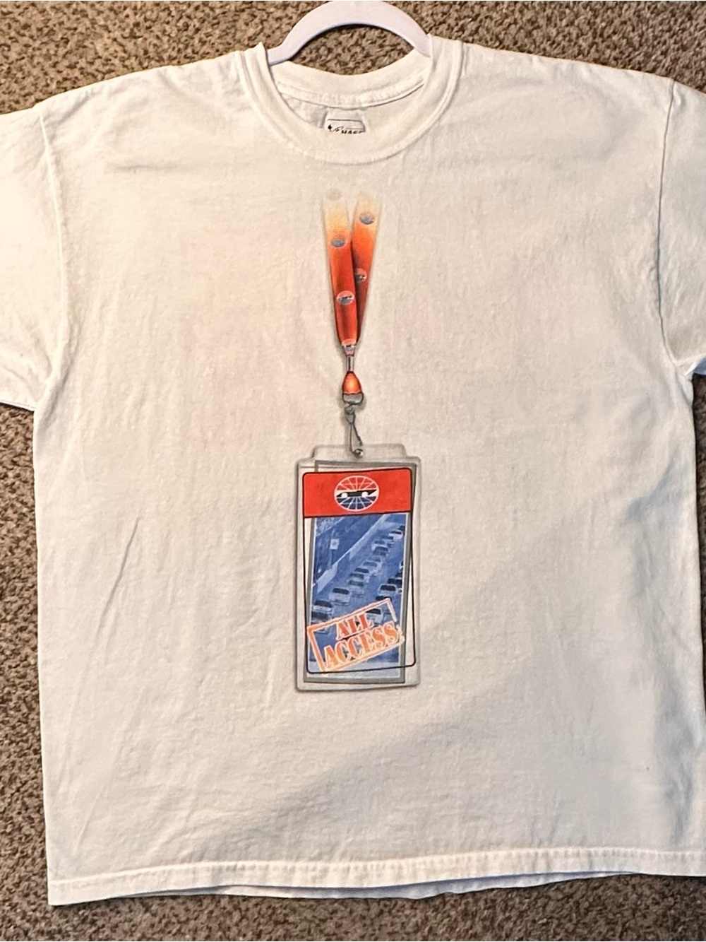 White 2009 race tour Graphic T-Shirt with Orange Lanyard ID Print